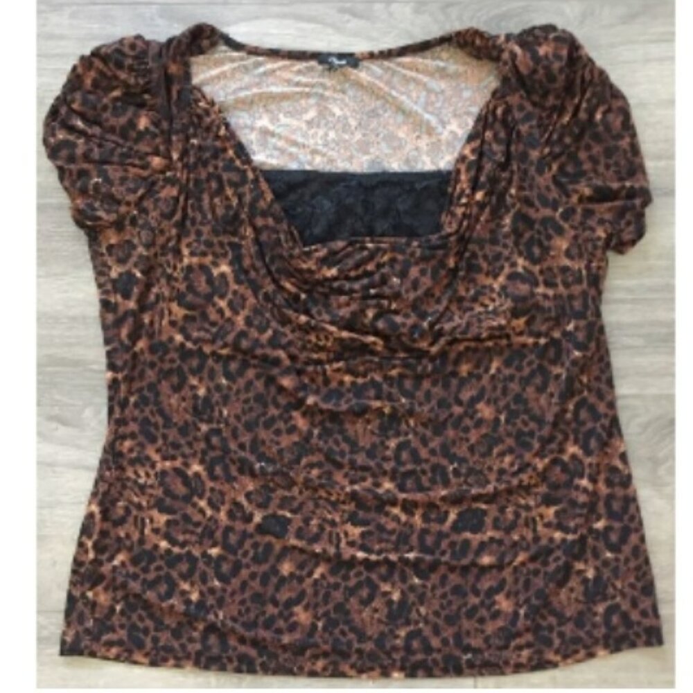 Sele Leopard Print Short Sleeve Polyester Blouse w/ Lace Detail Women's Size 3X